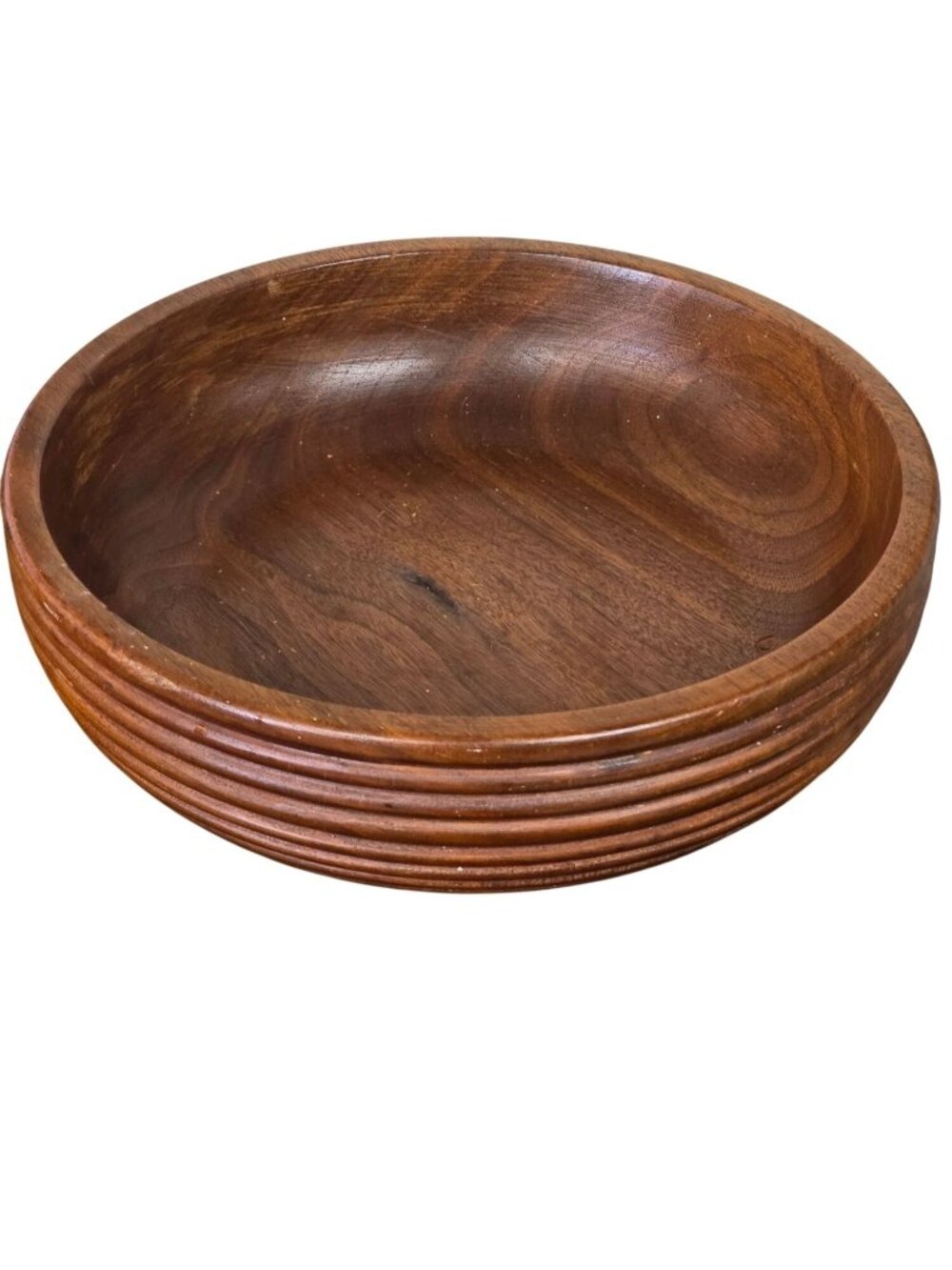 Vintage Handcrafted Wooden Bowl Ribbed Detail Dark Walnut Finish 11 Inch
